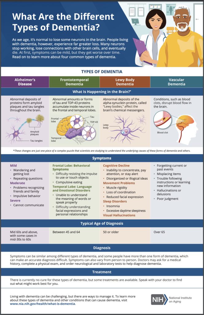 image of infographic illustrating the four different types of dementia. Sourced from the National Institute on Aging.