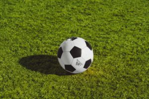 image is of a soccer ball on a green field